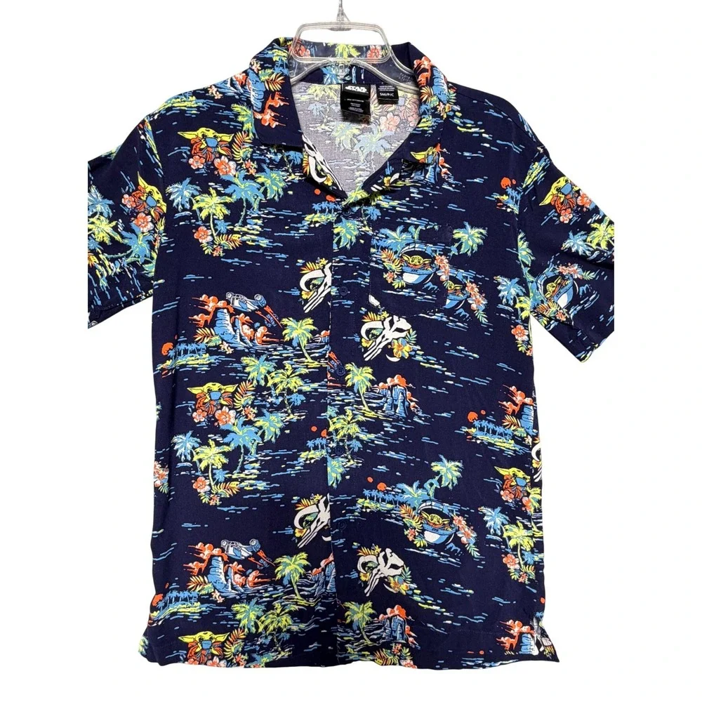 Star Wars Mandalorian Grogu Baby Yoda Hawaiian Shirt Navy Blue Mens Small SM P C